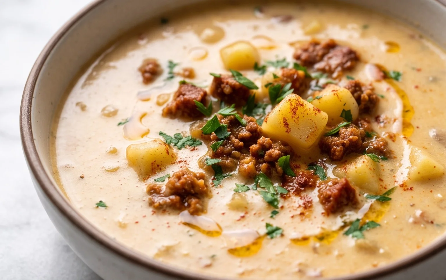 Hearty Spanish Potato Beef Chorizo Soup Recipe
